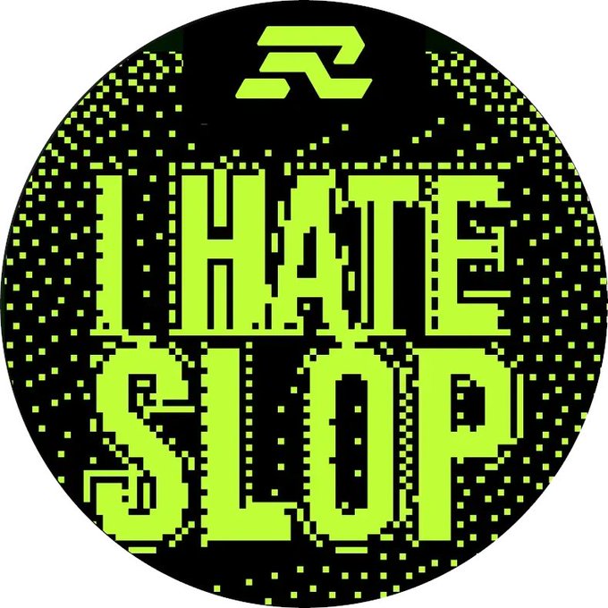 A circular neon green and black glitch-art style logo featuring a stylized 'R' symbol and the text 'HATE SLOP'.