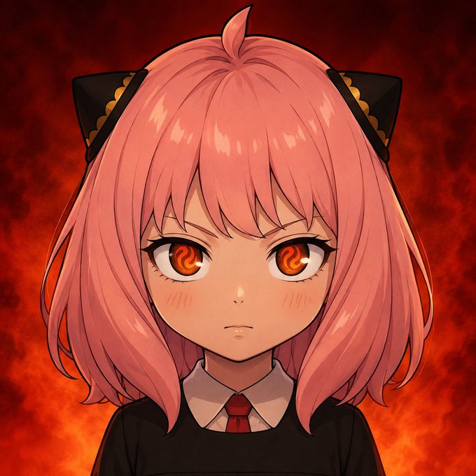 An anime-style illustration of a character with pink hair, black cat-ear-like accessories with yellow trim, and intense red eyes with flame-like patterns, set against a dramatic red fiery background.