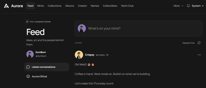 Screenshot of Aurora's social Feed interface showing posts from users 'Dumbbumm' and 'Crispey', with navigation for Feed, Mints, Collections, Albums, Creator, Names, Collectibles, and Yacht Club.