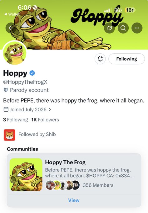 The image shows the X (Twitter) profile page for "Hoppy" (@HoppyTheFrogX), a parody account featuring a green frog character claiming to be the original frog before PEPE. The profile has 1K followers, is followed by "Shib," and references a $HOPPY community of 356 members, tying into the post about Shibtoken's reported plans to support $HOPPY following its Robinhood listing.