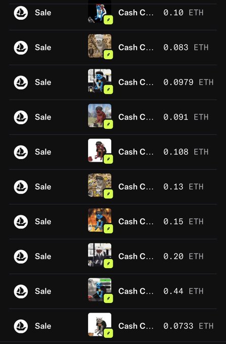 A screenshot of an NFT marketplace displays 11 "Cash C..." items for sale on OpenSea, all labeled "Sale" and listed in ETH, with prices ranging from 0.0733 ETH to 0.44 ETH. The image supports the post's claim of having "swept 11" Cash Cats NFTs with $ETH.