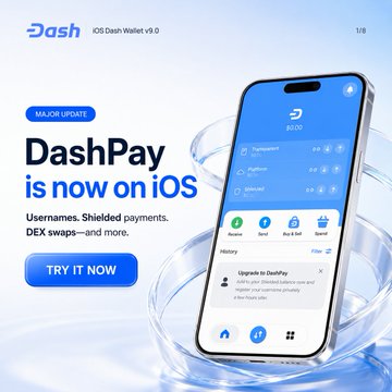 A promotional image for 'DashPay is now on iOS' announcing a major update to the iOS Dash Wallet v9.0, showing a smartphone displaying the app interface with usernames, shielded payments, and DEX swaps.