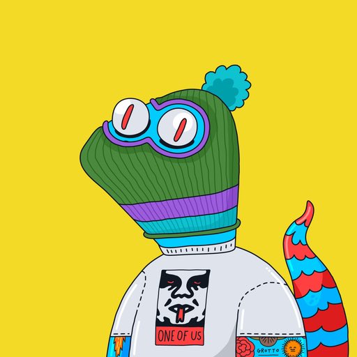 A cartoon illustration depicts a green alien-like character wearing a beanie, goggles, and a shirt with an 'Obey'-style poster reading 'ONE OF US', set against a yellow background.