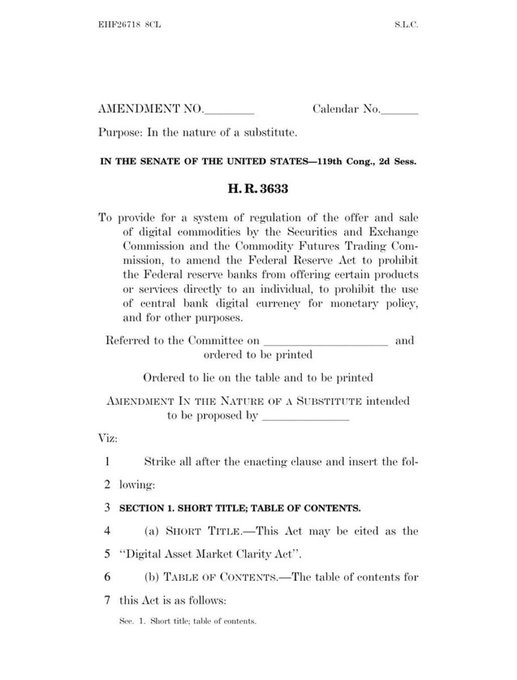 An amendment document for H.R. 3633, the 'Digital Asset Market Clarity Act,' introduced in the 119th Congress to regulate digital commodities and central bank digital currency.