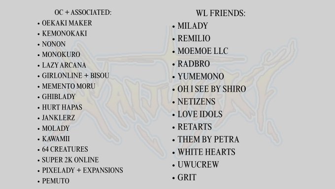 A list of artist collaborators and friends divided into two columns: 'OC + ASSOCIATED' featuring names like Oekaki Maker, Kemonokaki, and Nonon, and 'WL FRIENDS' featuring names like Milady, Remilio, and Moemoe LLC, displayed over a faint butterfly graphic.