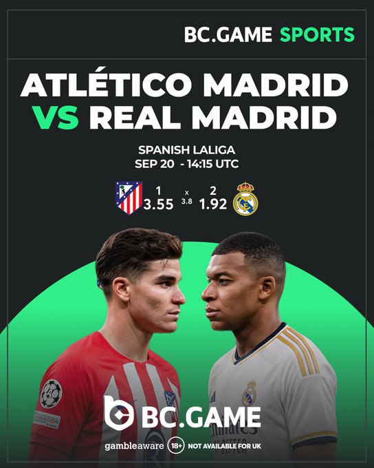 A promotional graphic from BC.GAME Sports advertising a Spanish Laliga match between Atlético Madrid and Real Madrid on September 20 at 14:15 UTC, featuring odds of 3.55 for Atlético and 1.92 for Real Madrid, with players shown facing off in a heart shape.