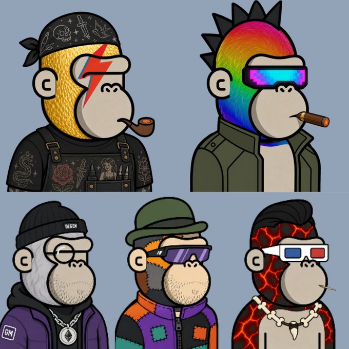 The image displays a collection of five stylized Bored Ape Yacht Club (BAYC) NFTs, featuring various traits like bandanas, tattoos, and 3D glasses, with the post celebrating acquiring one of these apes ("AOC" likely referring to a specific ape character) as indicated by the excited "LFG" (Let's F***ing Go) cheer.
