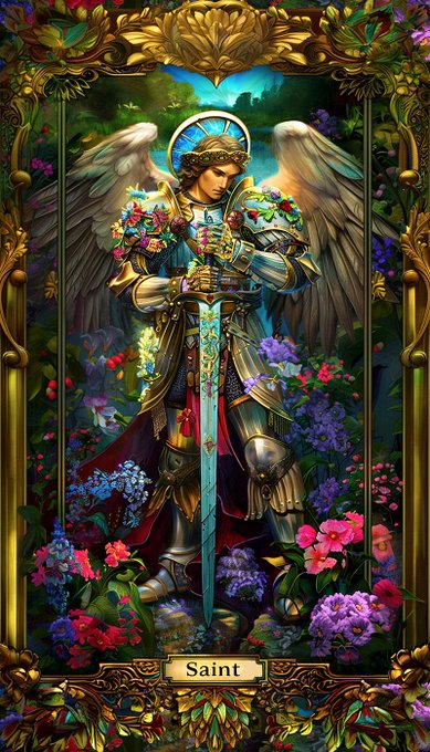 An ornate stained-glass-style image depicts a regal armored angel with expansive wings, holding a sword and floral bouquet, standing amidst a vibrant garden of colorful flowers within a gilded golden frame. The label "Saint" appears at the bottom, visually representing the post's announcement of welcoming the 13th Saint—a handsome Archangel—into the Eternal Gardens to curate spiritual experiences.