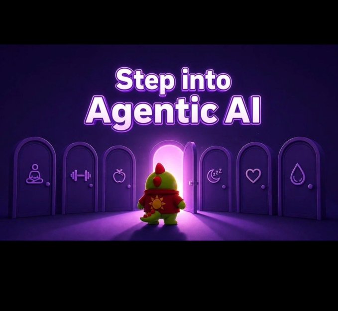 Promotional image titled 'Step into Agentic AI' showing a small green dinosaur-like character in a red cape standing before an open glowing door among several closed doors, each marked with an icon (meditation, dumbbell, apple, moon, heart, water drop).