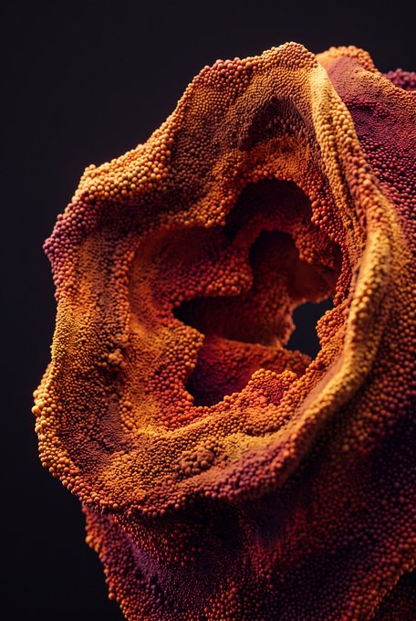 A macro close-up photograph of a rose shows intricate detail of its petals, which are covered in tiny bead-like textures and illuminated with warm orange and red lighting against a dark background.