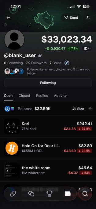 The image shows a trading profile for "@blank_user" displaying a portfolio balance of $33,023.34 (up $10,930.47 or 7.2%) with holdings in Kori, HODL, and whiteroom tokens—visually capturing the aftermath of the trading bot's chaotic activity described in the post, including the portfolio losses and the suspect name change.