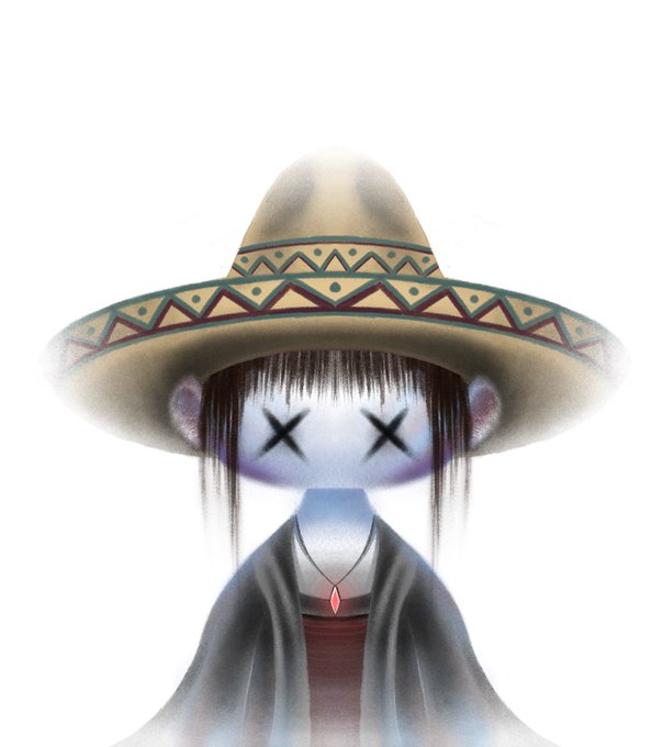 A stylized illustration shows a figure wearing a large, decorative sombrero with geometric patterns, their face marked with "X" symbols for eyes, draped in a poncho-like garment with a small red pendant. The image evokes a Mexican cultural aesthetic with its traditional hat and clothing, offering a visually striking "good morning" greeting to the NFT community.