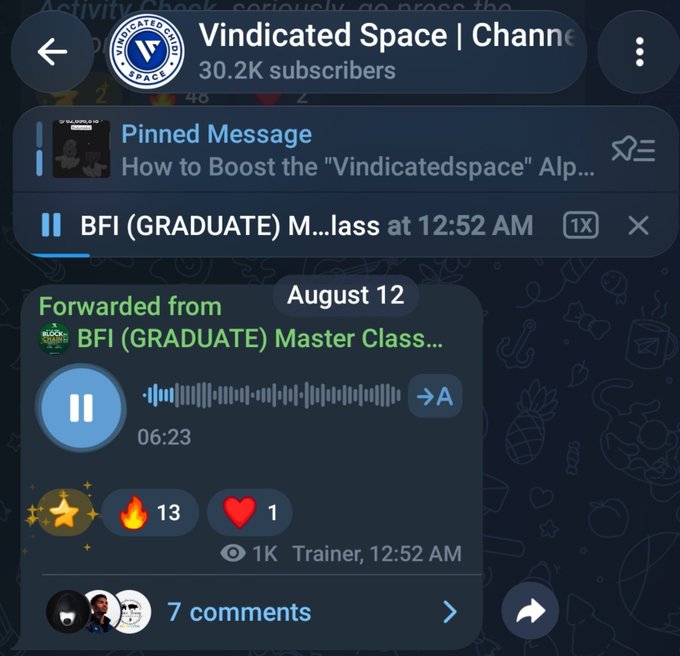 A Telegram channel screenshot of "Vindicated Space" (30.2K subscribers) displaying a forwarded voice message from the "BFI (GRADUATE) Master Class" dated August 12, with the post promoting an insightful crypto market analysis message shared by @AliZigwai about future trends in cryptocurrency.