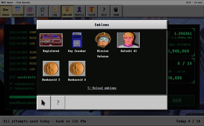 A screenshot from 'BTC Quest - Find Satoshi' showing an 'Emblems' window with achievements like 'Registered,' 'Key Cracker,' 'Mission Veteran,' 'Satoshi AI,' 'Buckazoid 2,' and 'Buckazoid 3.'