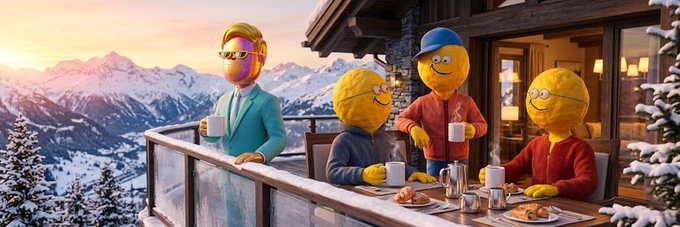 Four yellow GM NFT characters enjoy a breakfast on a snowy balcony with a mountain view at sunrise, aligning with the "New day. Fresh opportunities. Let's keep building." message.