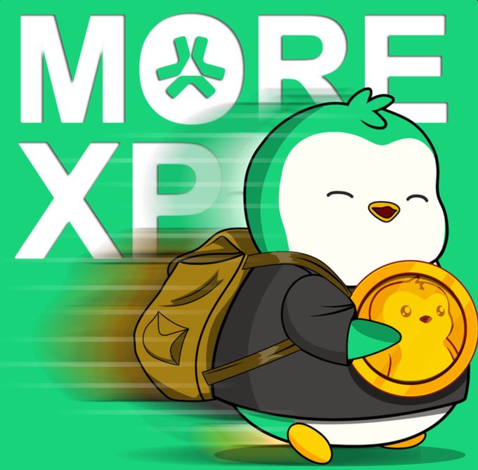 A 'MORE XP' promotional graphic featuring a cute penguin mascot wearing a backpack and holding a gold coin with another penguin face on it.