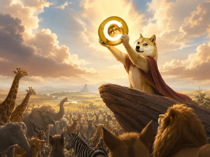 A regal Shiba Inu dog wearing a red cape holds up a golden coin emblazoned with the "C" emblem of $CATE, presiding over a grand coronation scene as giraffes, elephants, zebras, lions, and other animals gather in homage across the savanna.

The image humorously envisions the "coronation" of the $CATE token by depicting the Cat/Dog community's beloved Shiba Inu mascot as a crowned ruler bestowing the golden $CATE coin upon the animal kingdom, symbolizing the token's triumphant debut.