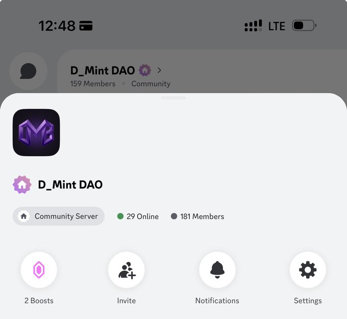 A Discord server interface showing the 'D_Mint DAO' community server with 181 members, 29 online, and options for Boosts, Invite, Notifications, and Settings.