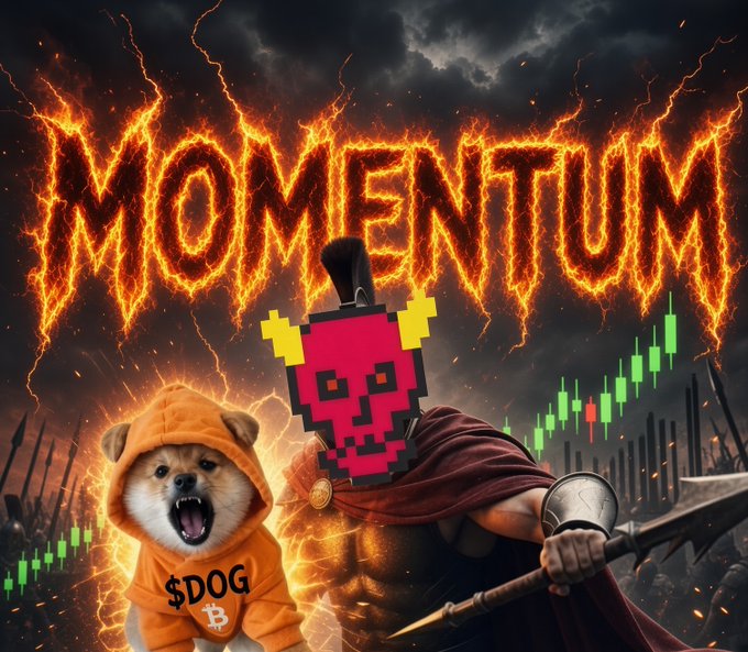 A dramatic promotional image featuring the word 'MOMENTUM' in fiery, lava-like letters, with a Shiba Inu dog wearing an orange '$DOG' hoodie and a pixel-art red warrior figure, set against a green trading chart background.