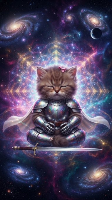 A digital artwork depicting a meditating kitten in armor sitting cross-legged with a sword laid before it, surrounded by a cosmic galaxy background with mandala-like patterns.