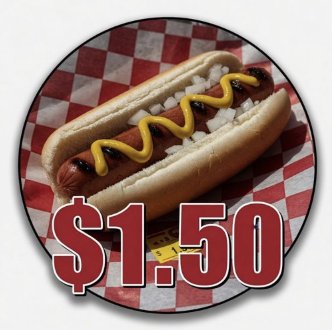 A hot dog with mustard and onions sits on a red-and-white checkered paper, displayed in a circular frame with the bold text "$1.50" overlaid at the bottom—visually echoing the token's name and price implied by its ticker $HOTDOG.
