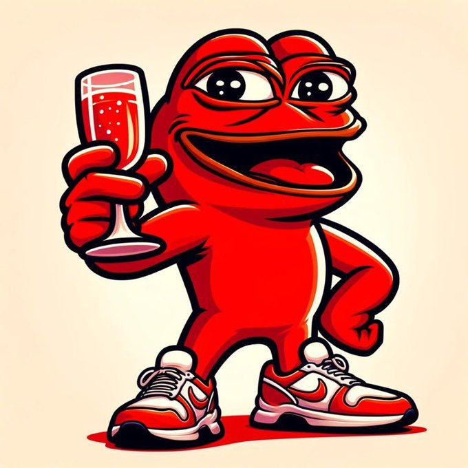 A cartoonish red frog character wearing white and red sneakers, holding a glass of pink sparkling drink with a wide smile.