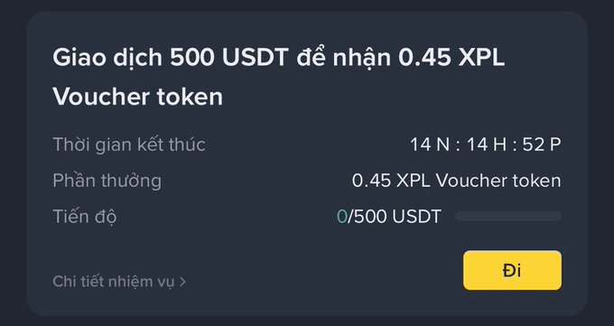 A Vietnamese interface screen for a task to 'Trade 500 USDT to receive 0.45 XPL Voucher token,' showing 14 days, 14 hours, 52 minutes remaining, with 0/500 USDT progress.