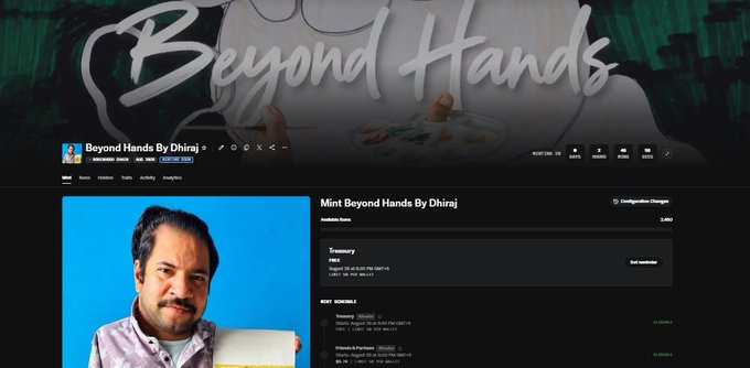 The image shows the "Beyond Hands By Dhiraj" NFT collection page on Mint, featuring timestamps for the Treasury (3:30–4 PM UTC), Friends & Partners (4–5:30 PM UTC), and upcoming schedule details for the mint event.