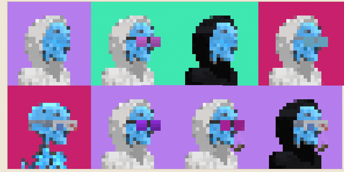 Seven pixelated alien characters wearing white hoods appear against vibrant colored backgrounds (pink, teal, and purple), likely representing different trait variations of the Alien Argonauts NFT collection. The image showcases the diverse color palette and hoodie styles of the 9-piece collection, visually illustrating the variety of potential NFTs that could be minted from the collaboration between MuseFacktory and AlphaCentauriKid.