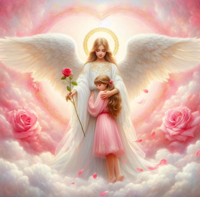A pastel, ethereal illustration depicts a blonde angel with large white wings and a golden halo embracing a young girl in a pink dress who holds a red rose, set against pink clouds and a heart-shaped light.