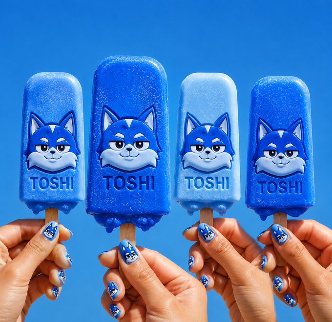Four hands holding blue popsicles branded with the 'TOSHI' cat logo against a bright blue background.