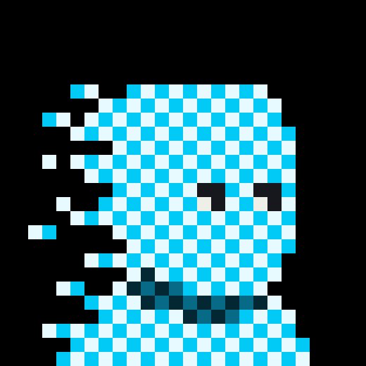 A pixelated blue and white checkered digital art piece depicting a stylized character against a black background.