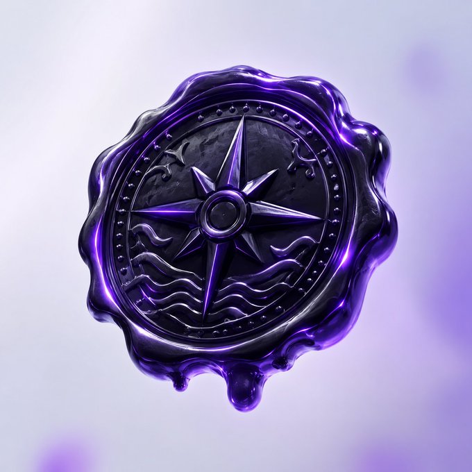 A 3D-rendered purple and black wax seal featuring a compass rose design with waves at the bottom.