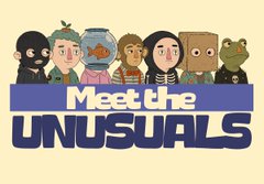 Logo/poster for 'Meet the UNUSUALS', featuring chibi-style cartoon characters lined up above the bold title text.