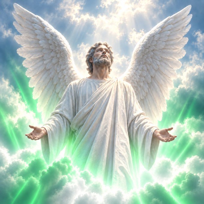 A digital artwork depicting a bearded man with large white angel wings and white robes, standing with open arms amidst green and white clouds with sun rays shining down.