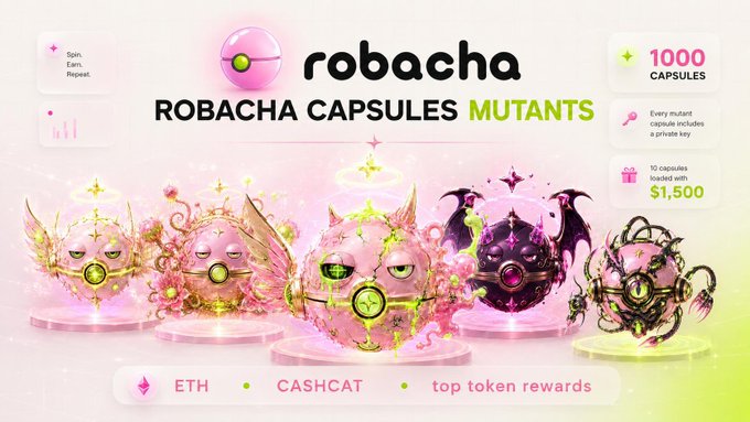 A promotional banner for 'robacha' featuring 'ROBACHA CAPSULES MUTANTS' with cartoonish mutant creatures, advertising 1000 capsules and a 10 capsule package for $1,500.