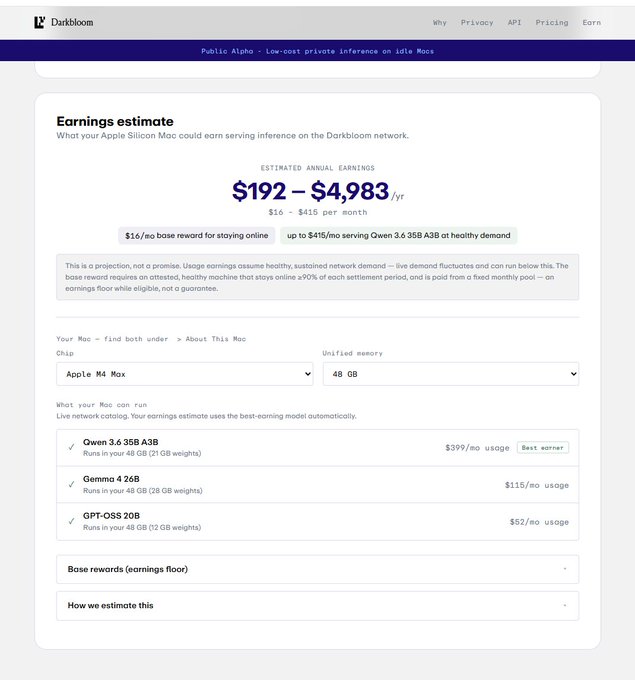 A screenshot of the Darkbloom "Public Alpha" earnings estimator showing that an Apple M4 Max chip with 48 GB unified memory could earn an estimated $192-$4,983 annually ($16-$415/month) by serving inference on the Darkbloom network, with Qwen 3.6 35B A3B highlighted as the best-earning model at $399/Mo. This relates to the post about Darkbloom being a popular "mining" project, with the image providing a concrete example of the potential earnings users can expect from running inference on compatible hardware.
