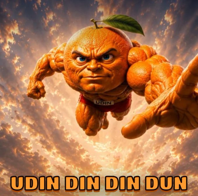 A muscular anthropomorphic orange character wearing red underwear labeled "UDIN" flies through a cloudy sky, with the text "UDIN DIN DIN DUN" displayed at the bottom.