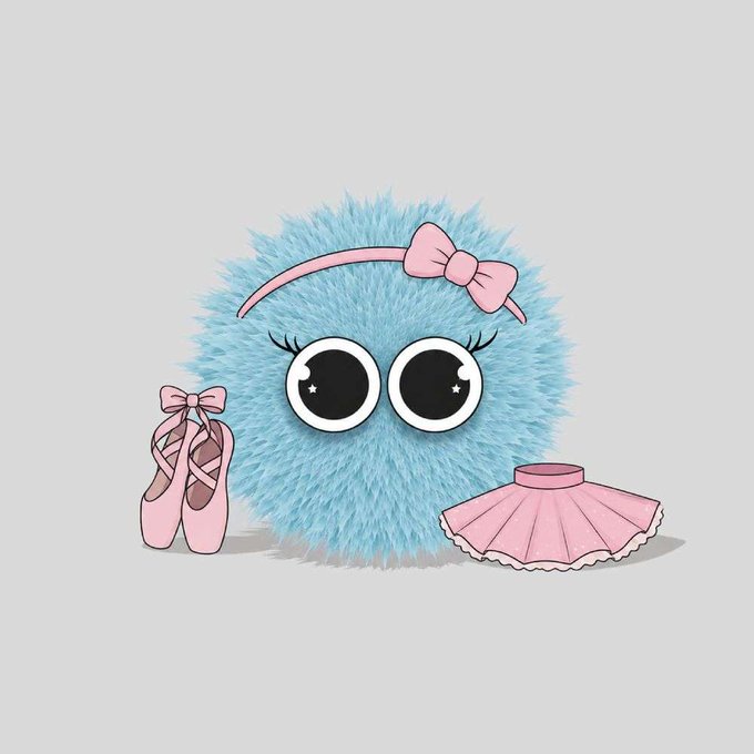 A cute, fluffy blue ball character with large expressive eyes and eyelashes wears a pink bow headband, accompanied by pink ballet shoes and a pink tutu on a light gray background.