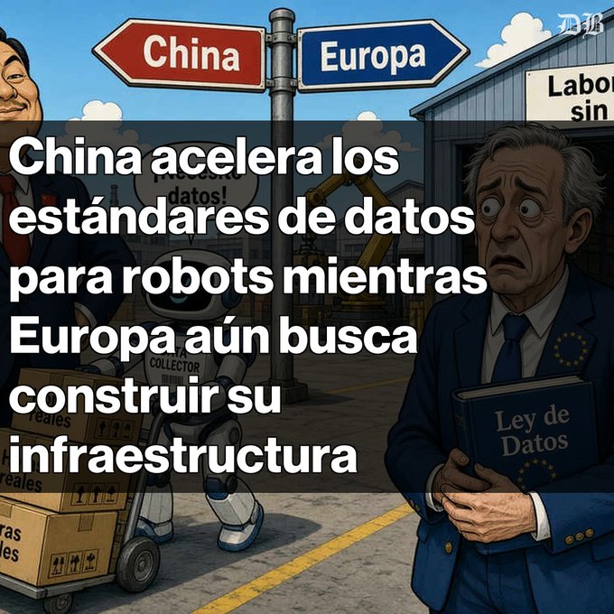 A cartoon-style graphic showing signs pointing to 'China' and 'Europa', featuring a smiling Asian man, a robot pushing boxes, and a worried European official clutching a 'Ley de Datos' book, with Spanish text about data standards.