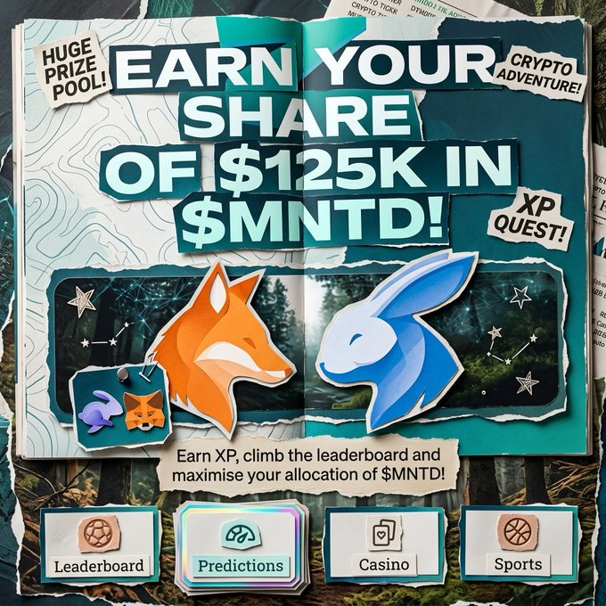 A promotional graphic displays the text 'EARN YOUR SHARE OF $125K IN $MNTD!' and 'HUGE PRIZE POOL!', featuring stylized fox and rabbit mascots and navigation buttons for Leaderboard, Predictions, Casino, and Sports.