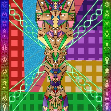 A colorful, symmetrical digital artwork featuring a totem-like figure with animal features set against a patterned background with runic symbols.