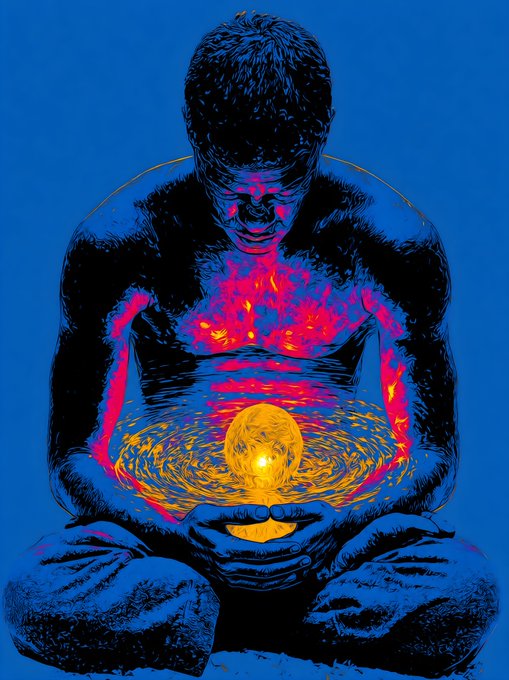 A stylized illustration of a shirtless figure in lotus position with glowing pink and yellow energy emanating from the chest, holding a golden orb against a solid blue background.