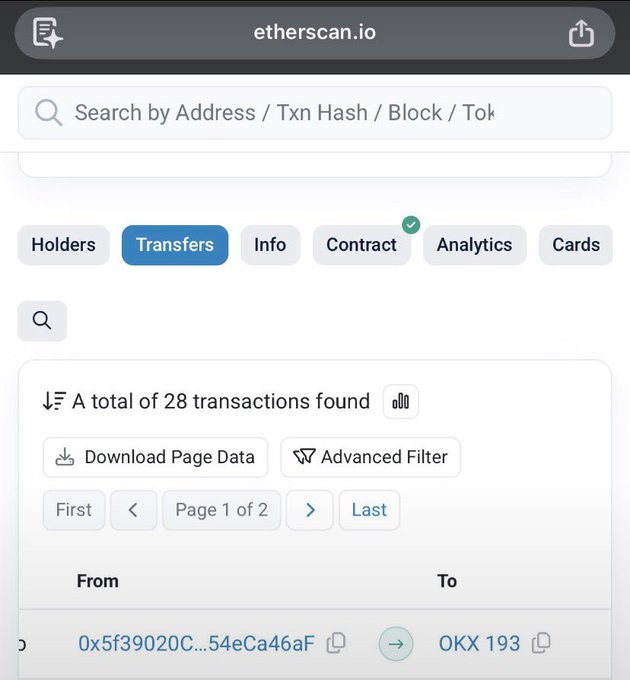 A mobile browser screenshot of etherscan.io displaying a token's Transfers tab with 28 total transactions found, showing an address transfer from 0x5f39020C...54eCa46aF to 'OKX 193'.