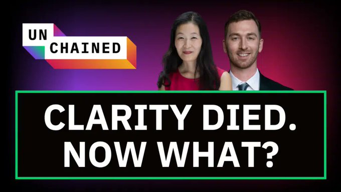 A promotional graphic for the 'UN CHAINED' podcast featuring a woman and man, with bold text reading 'CLARITY DIED. NOW WHAT?'