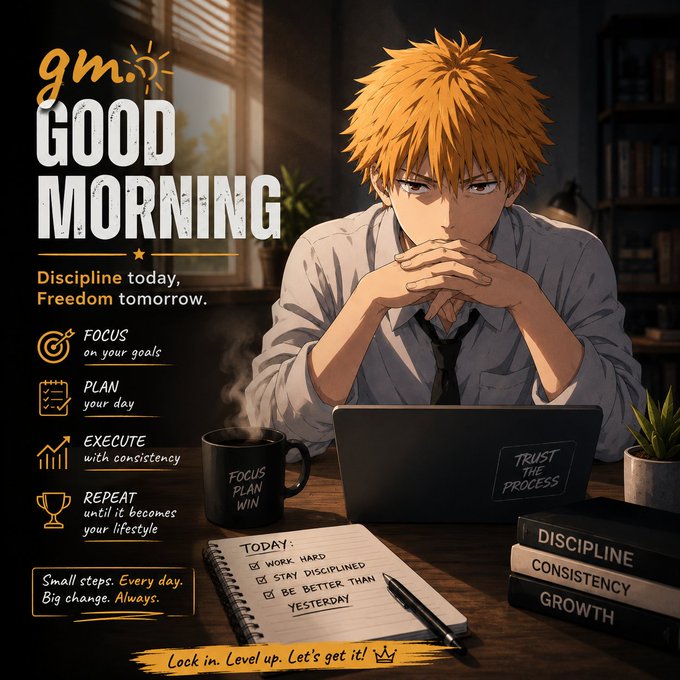Anime-style 'Good Morning' motivational poster featuring a serious young man at a desk with a laptop labeled 'Trust the Process' and a coffee mug reading 'Focus Plan Win', with daily tasks: 'Work Hard', 'Stay Disciplined', 'Be Better Than Yesterday', and books labeled 'Discipline', 'Consistency', and 'Growth'.