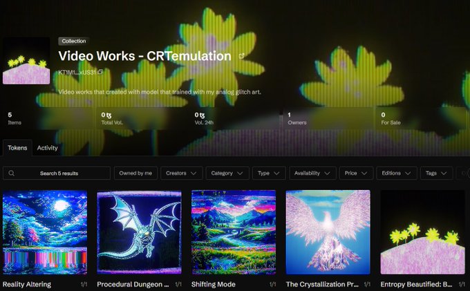 This image displays the "Video Works - CRTemulation" collection on objkt.com, featuring five glitch art video NFTs with titles like "Reality Altering" and "Procedural Dungeon." The collection description emphasizes that these video works were created with a model trained on analog glitch art.