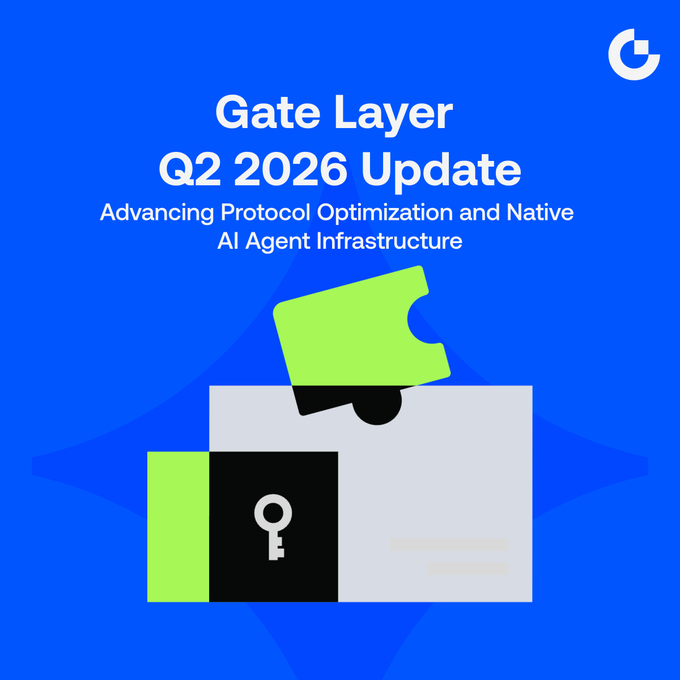 A blue promotional graphic titled 'Gate Layer Q2 2026 Update' with the subtitle 'Advancing Protocol Optimization and Native AI Agent Infrastructure' featuring a wallet illustration.