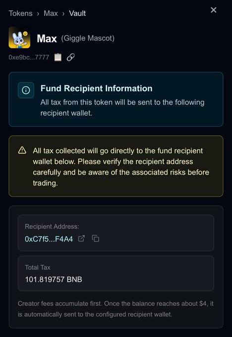 A screenshot of the Max (Giggle Mascot) token vault showing a recipient address (0xC715...F4A4) that has accumulated 101.819757 BNB in total tax, distributed to GiggleAcademy—visually backing the post's claim of 100+ BNB generated for the community.