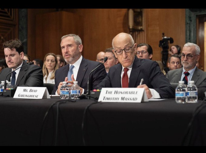 A Senate hearing photo shows Brad Garlinghouse and The Honorable Timothy Massad seated at a panel table alongside other officials.